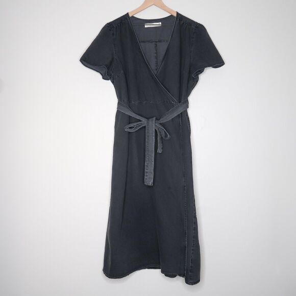 ASOS Womens Wrap Midi Dress Size 16 Black Gray Denim Preppy Minimalistic Classic - Picture 1 of 11